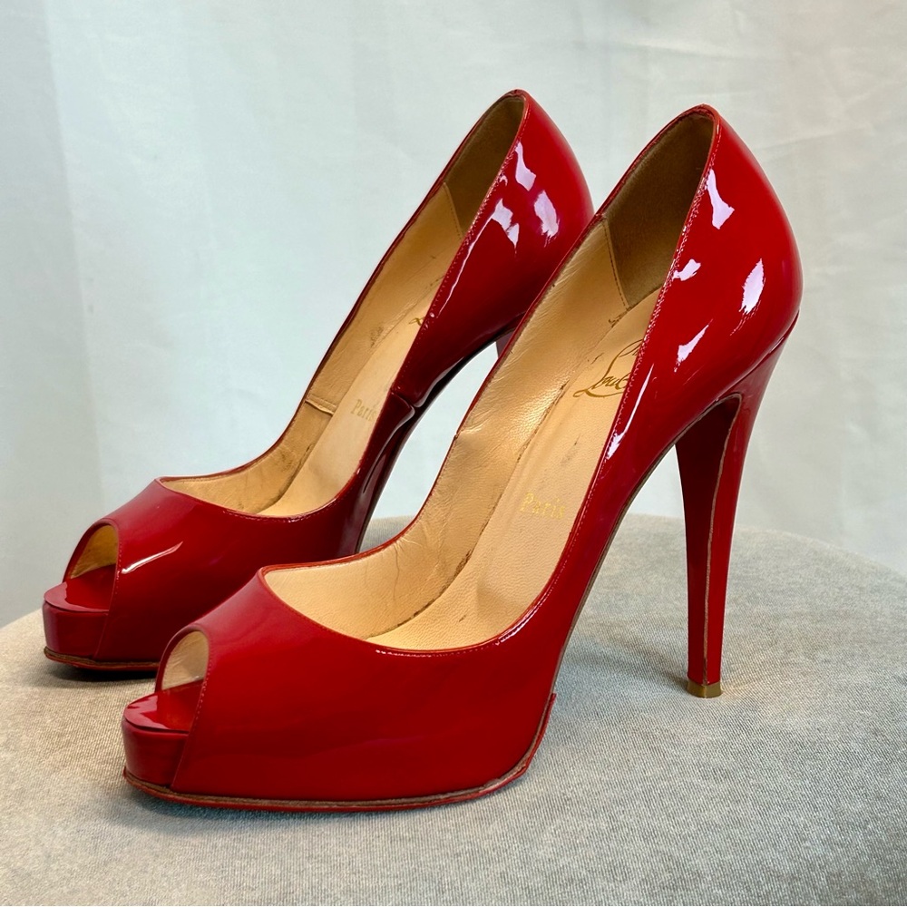 Christian Louboutin Red Patent Leather Hyper Prive Peep Toe Platform Pumps Sz 39